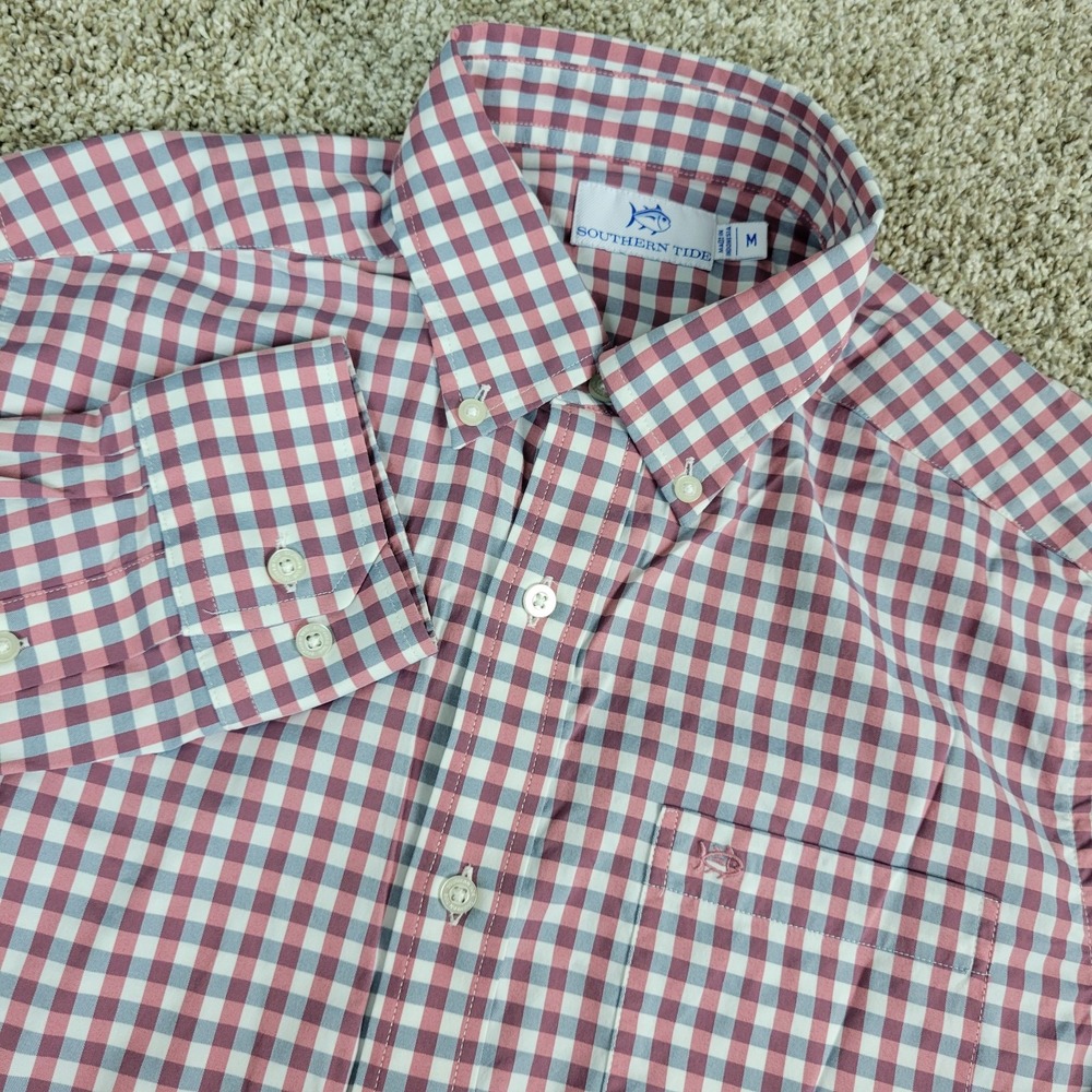 Southern Tide Mens Medium Red White Plaid Performance Stretch Button Down LS